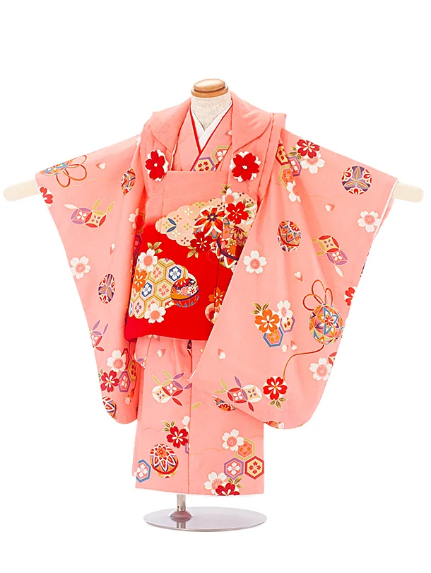 3歳女児被布 D3128 赤 雲取り×サーモンピンク 花まり