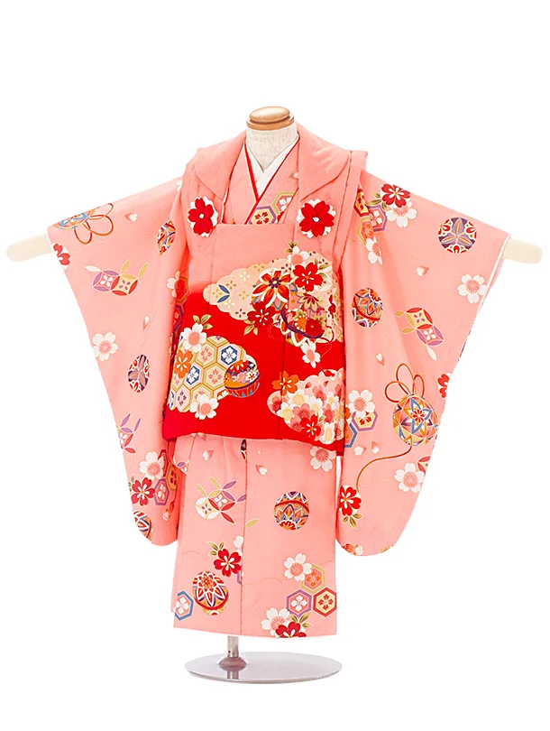 3歳女児被布 D3128 赤 雲取り×サーモンピンク 花まり