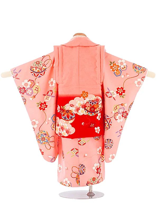 3歳女児被布 D3128 赤 雲取り×サーモンピンク 花まり