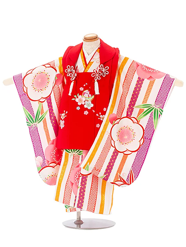 3歳女児被布 D3129 赤 桜×白地ストライプ 梅と笹
