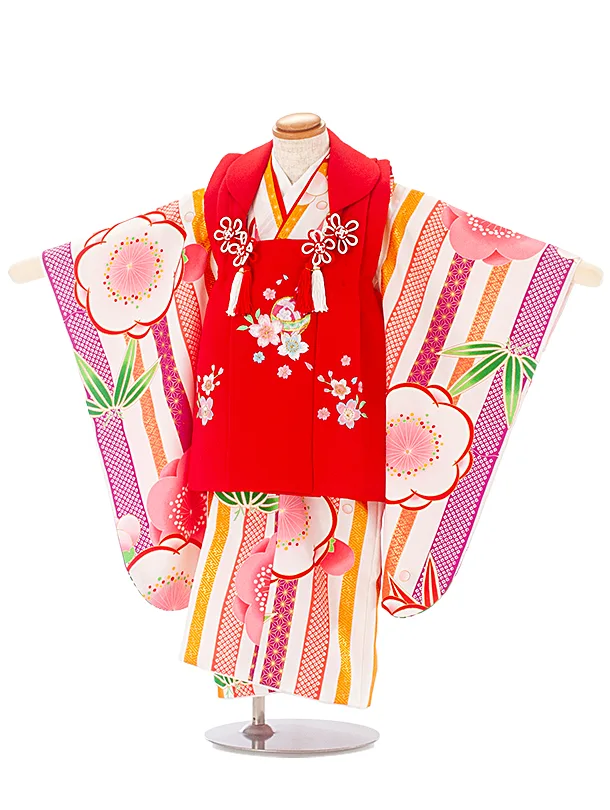 3歳女児被布 D3129 赤 桜×白地ストライプ 梅と笹