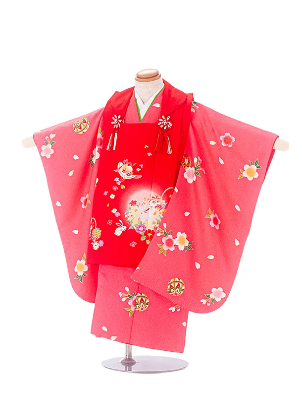 2,3歳女児被布 D3130 赤 花輪×ピンク 桜まり