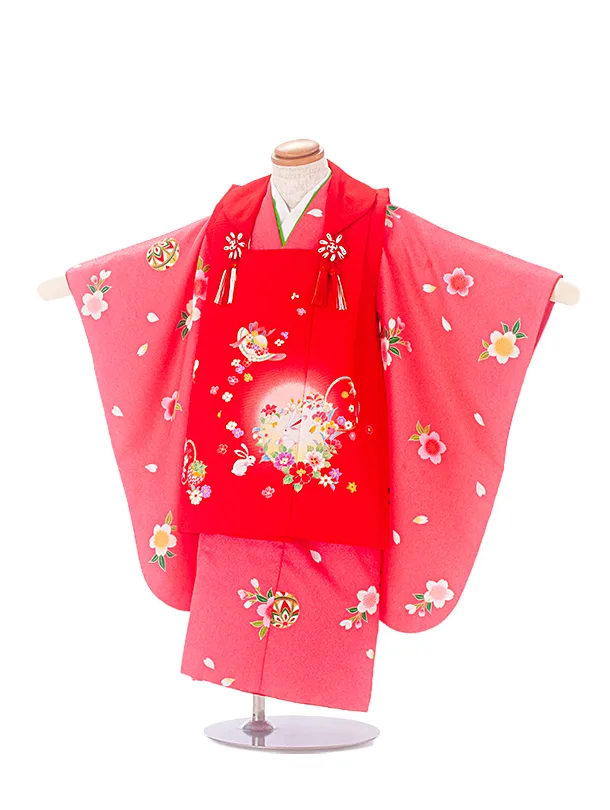 2,3歳女児被布 D3130 赤 花輪×ピンク 桜まり