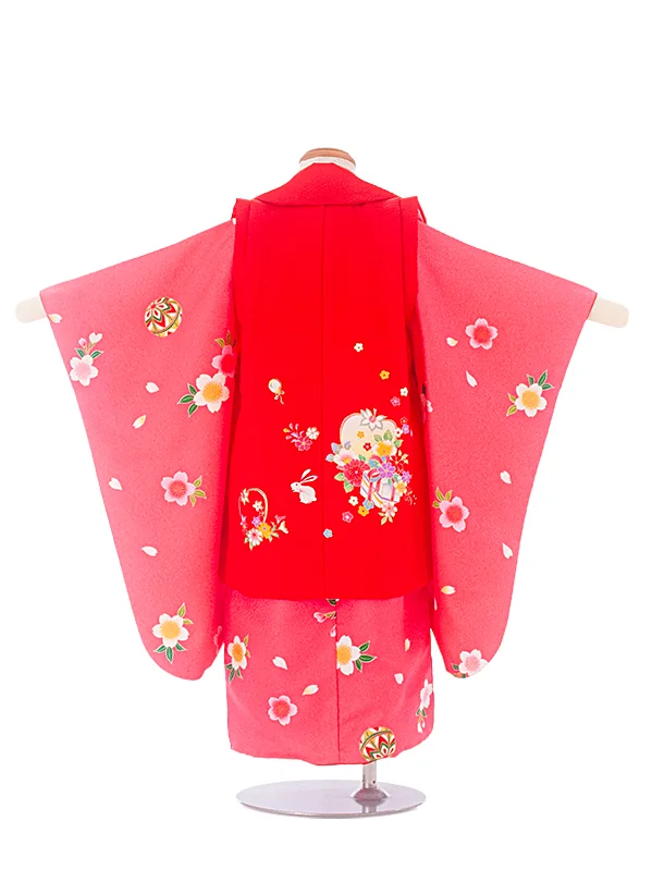 2,3歳女児被布 D3130 赤 花輪×ピンク 桜まり
