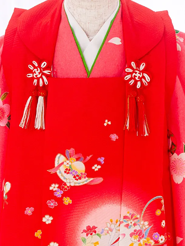 2,3歳女児被布 D3130 赤 花輪×ピンク 桜まり