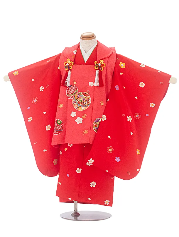 3歳女児被布 D3131 ピンク まり×赤 花