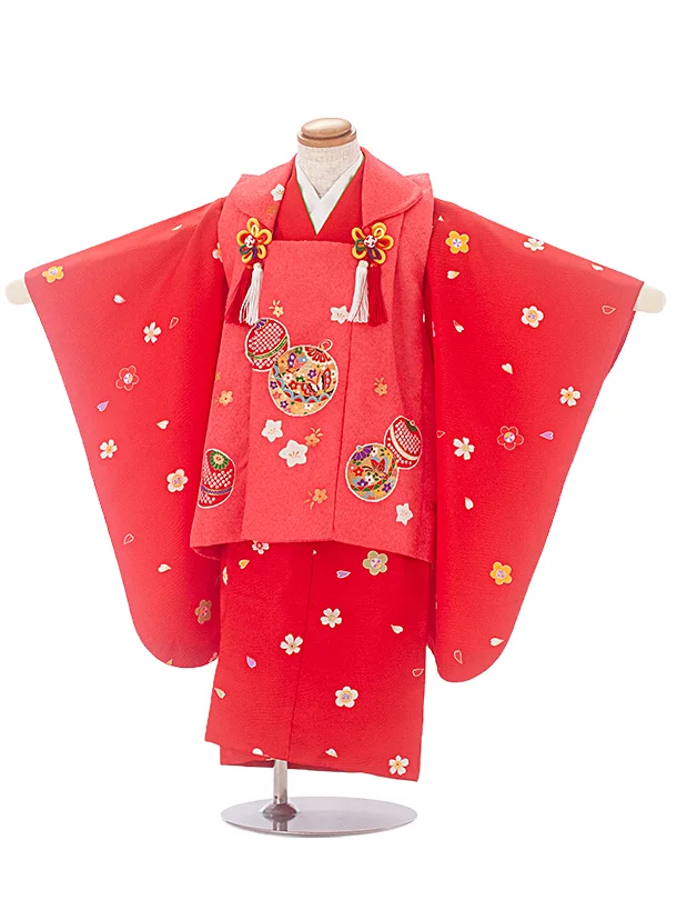 3歳女児被布 D3131 ピンク まり×赤 花