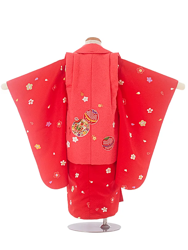 3歳女児被布 D3131 ピンク まり×赤 花