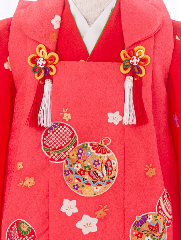 3歳女児被布 D3131 ピンク まり×赤 花