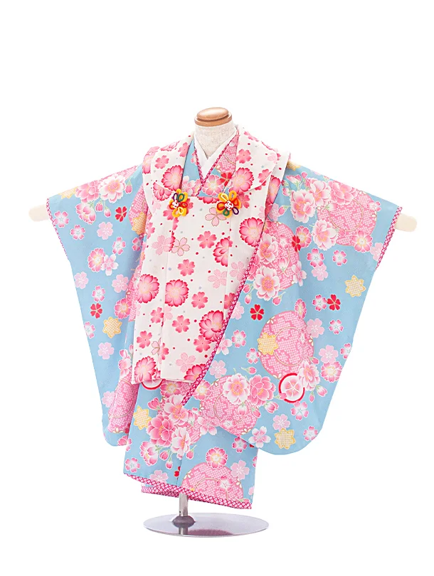 2,3歳女児被布 D3134 JAPAN STYLE 白 ピンク花×水色 花輪