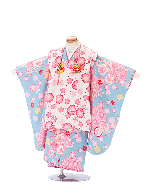 2,3歳女児被布 D3134 JAPAN STYLE 白 ピンク花×水色 花輪