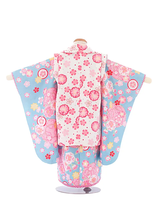 2,3歳女児被布 D3134 JAPAN STYLE 白 ピンク花×水色 花輪