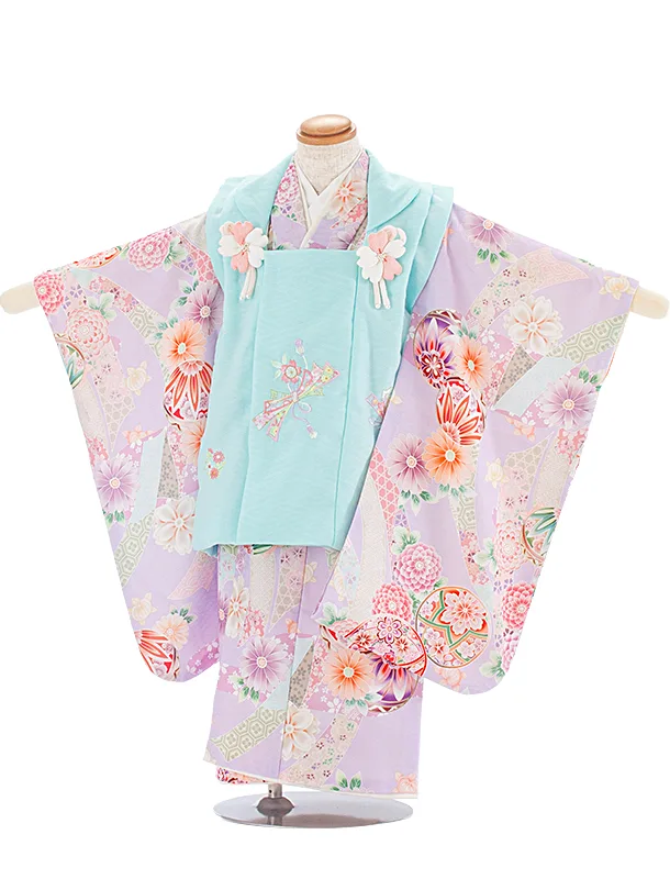 3歳女児被布 D3135 式部浪漫 水色 のし×薄紫 のし まり