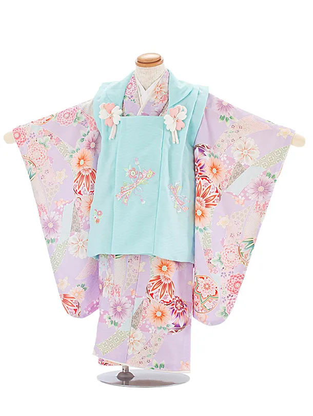 3歳女児被布 D3135 式部浪漫 水色 のし×薄紫 のし まり