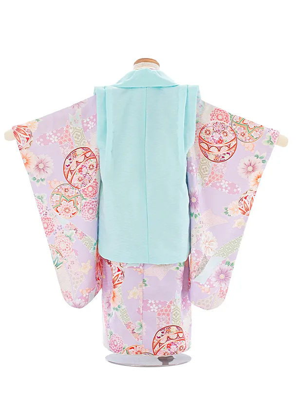 3歳女児被布 D3135 式部浪漫 水色 のし×薄紫 のし まり