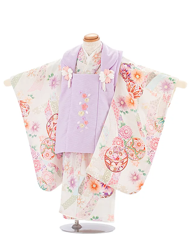 3歳女児被布 D3136 式部浪漫 薄紫 花×オフホワイト のし まり