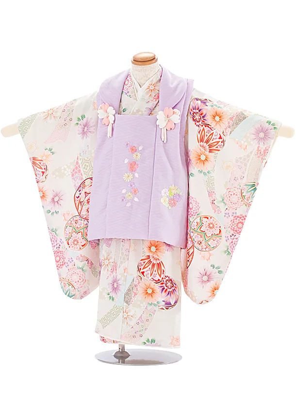 3歳女児被布 D3136 式部浪漫 薄紫 花×オフホワイト のし まり