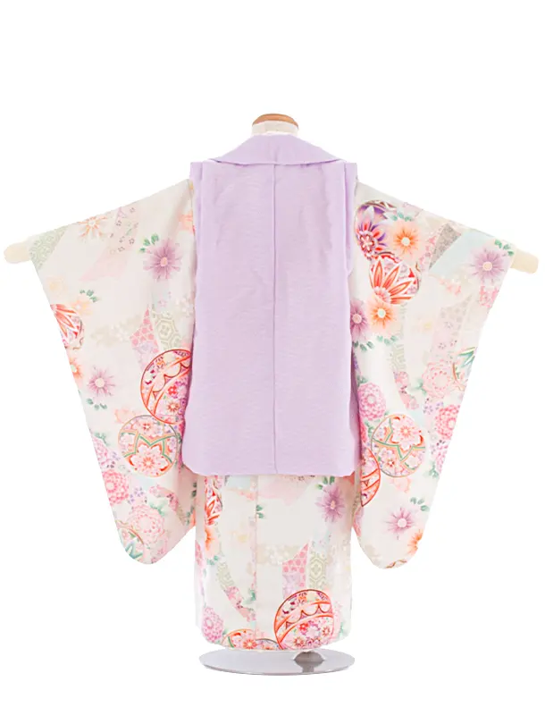 3歳女児被布 D3136 式部浪漫 薄紫 花×オフホワイト のし まり