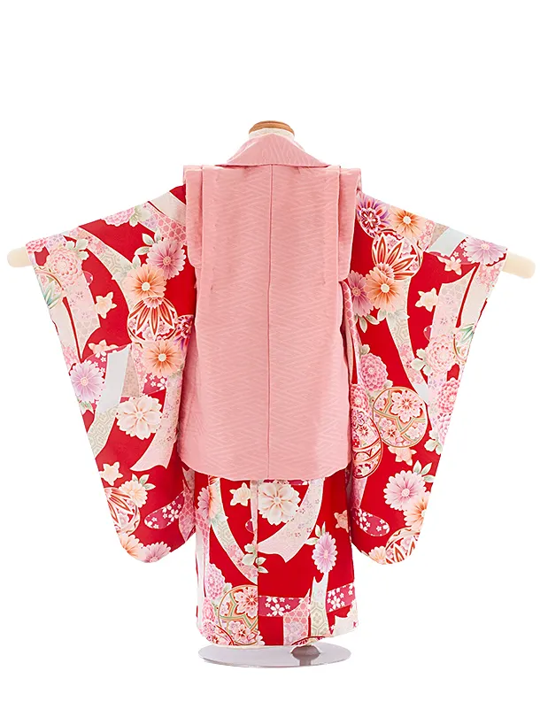 3歳女児被布 D3137 式部浪漫 くすみピンク のし×赤 のし まり
