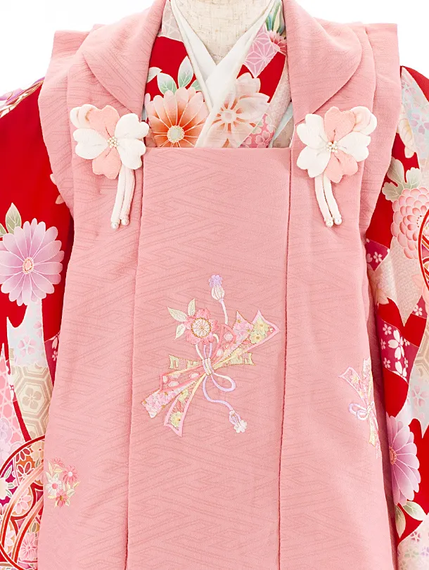 3歳女児被布 D3137 式部浪漫 くすみピンク のし×赤 のし まり