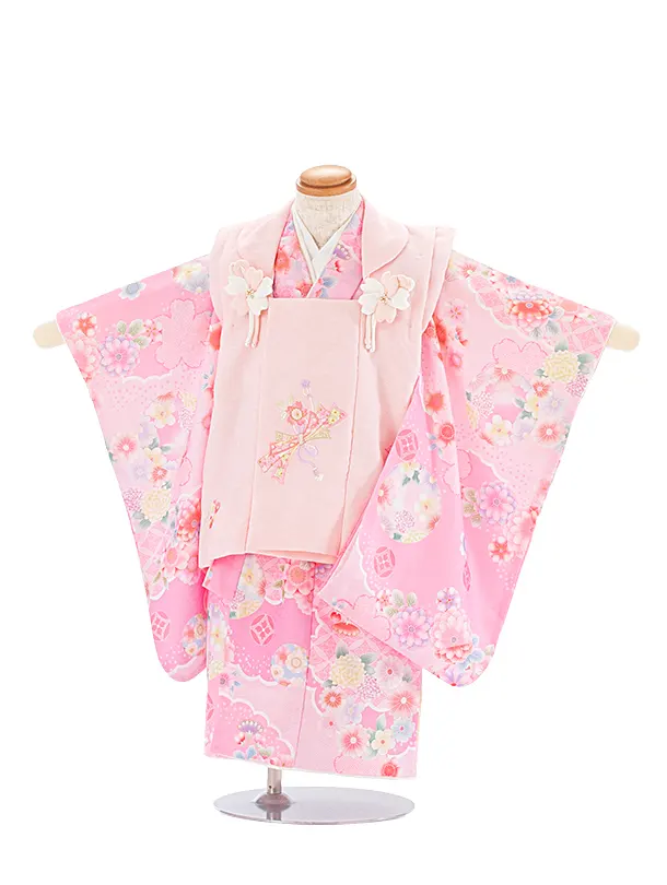 2歳3歳女児被布 D3138 式部浪漫 ピンク のし×ピンク 花丸