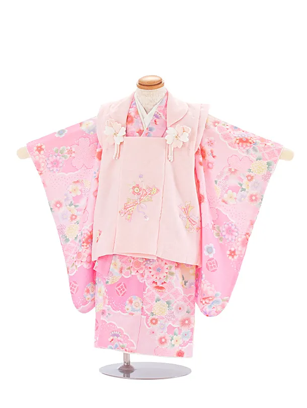 2歳3歳女児被布 D3138 式部浪漫 ピンク のし×ピンク 花丸