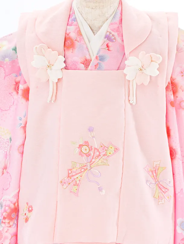 2歳3歳女児被布 D3138 式部浪漫 ピンク のし×ピンク 花丸