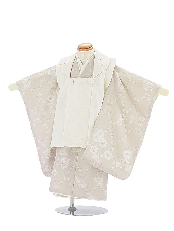 2歳3歳女児被布 D3142 KAGURA オフホワイト 小花×ベージュ 月花