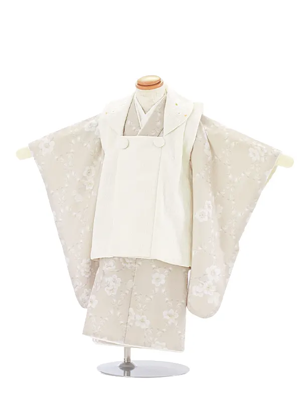2歳3歳女児被布 D3142 KAGURA オフホワイト 小花×ベージュ 月花