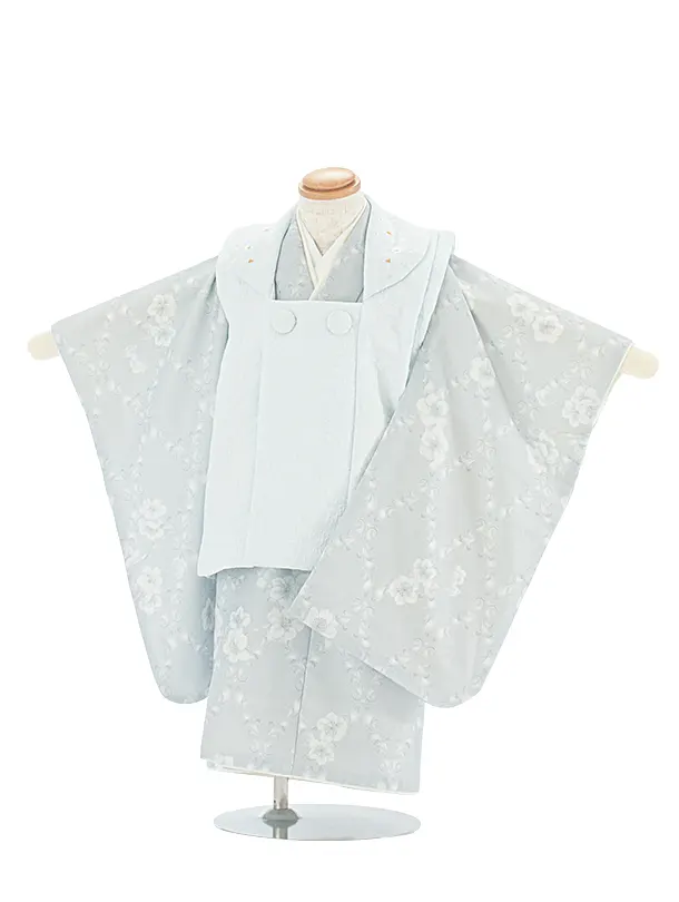 2歳3歳女児被布 D3144 KAGURA 薄水色 小花×ブルーグレー 月花