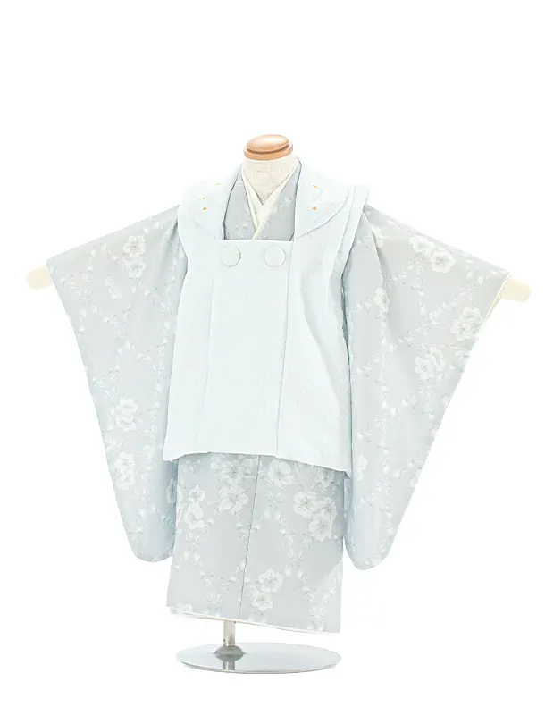 2歳3歳女児被布 D3144 KAGURA 薄水色 小花×ブルーグレー 月花