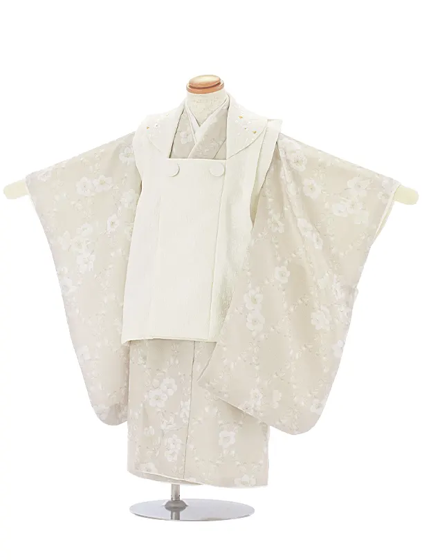 3歳女児被布 D3145 KAGURA オフホワイト 小花×ベージュ 月花