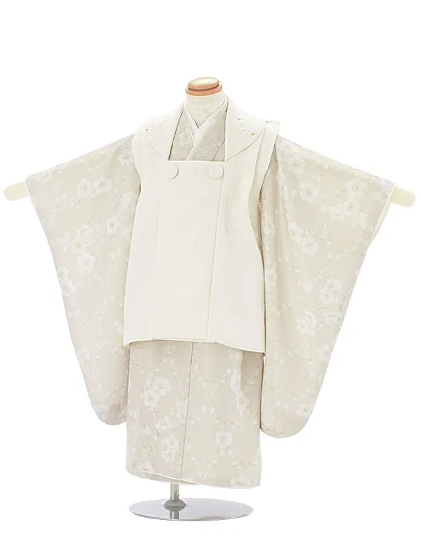 3歳女児被布 D3145 KAGURA オフホワイト 小花×ベージュ 月花