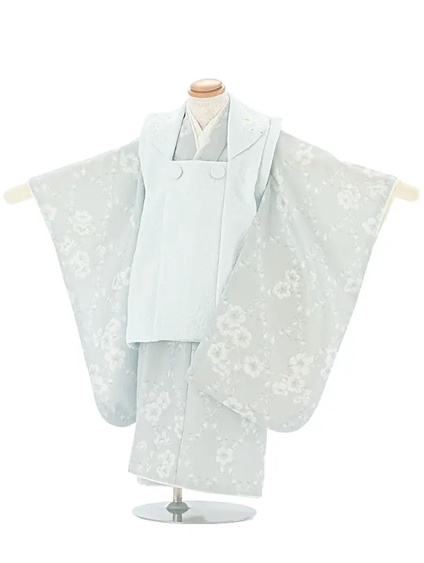 3歳女児被布 D3147 KAGURA 薄水色 小花 × ブルーグレー 月花