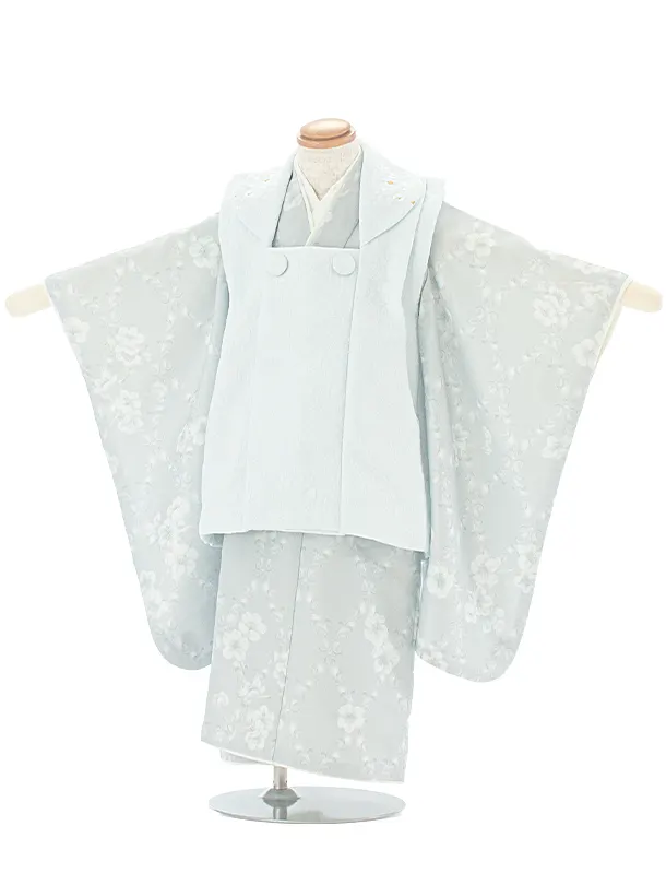 3歳女児被布 D3147 KAGURA 薄水色 小花 × ブルーグレー 月花