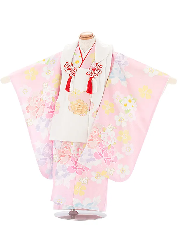 3歳女児被布 D3152 白×薄ピンク 牡丹に桜