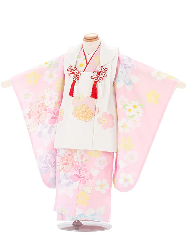 3歳女児被布 D3152 白×薄ピンク 牡丹に桜