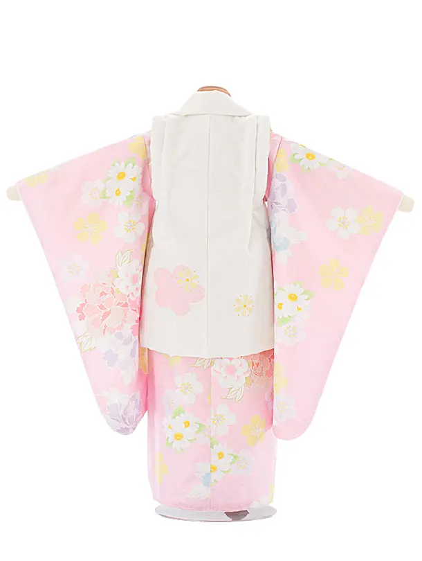 3歳女児被布 D3152 白×薄ピンク 牡丹に桜