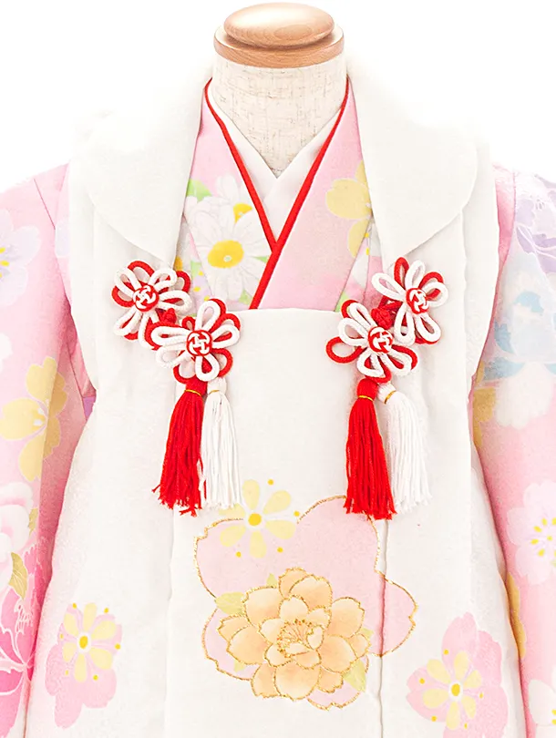 3歳女児被布 D3152 白×薄ピンク 牡丹に桜