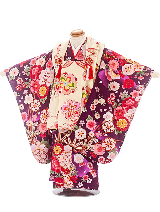3歳女児被布 D3153 クリームねじり梅×紫 四季花