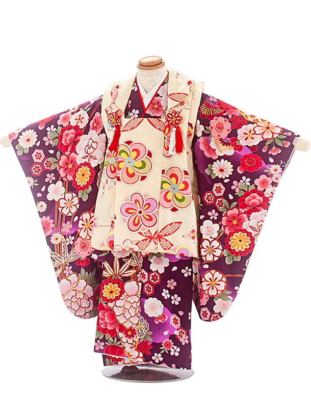 3歳女児被布 D3153 クリームねじり梅×紫 四季花