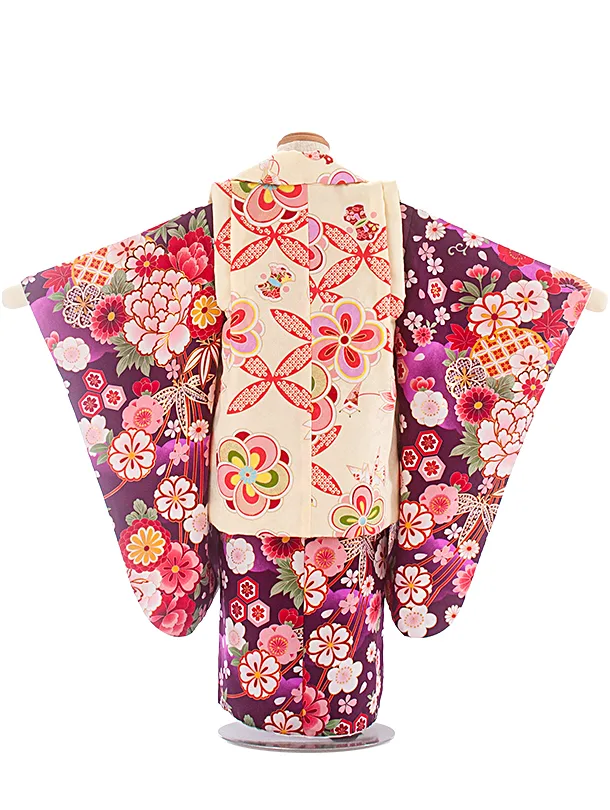 3歳女児被布 D3153 クリームねじり梅×紫 四季花