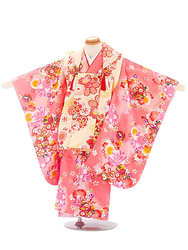 3歳女児被布 D3154 クリームねじり梅×ピンク 四季花