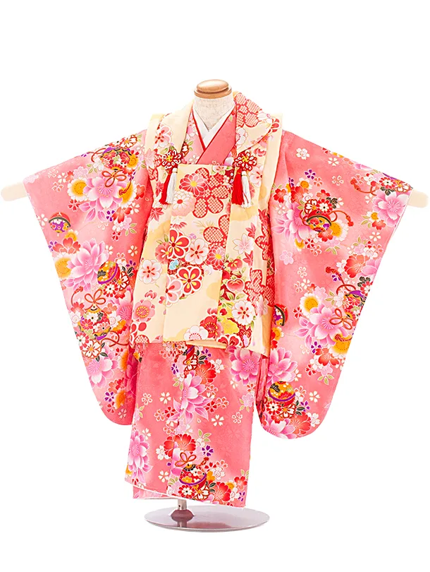 3歳女児被布 D3154 クリームねじり梅×ピンク 四季花