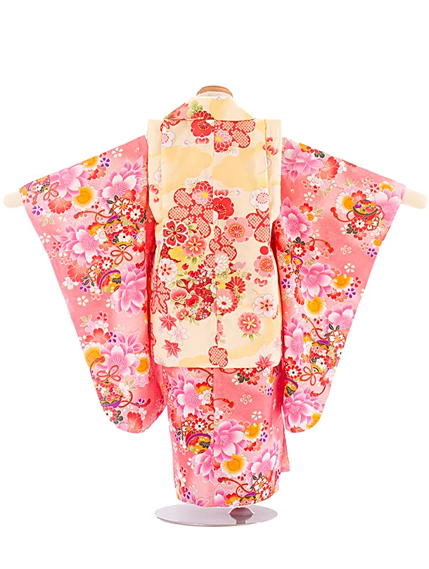 3歳女児被布 D3154 クリームねじり梅×ピンク 四季花