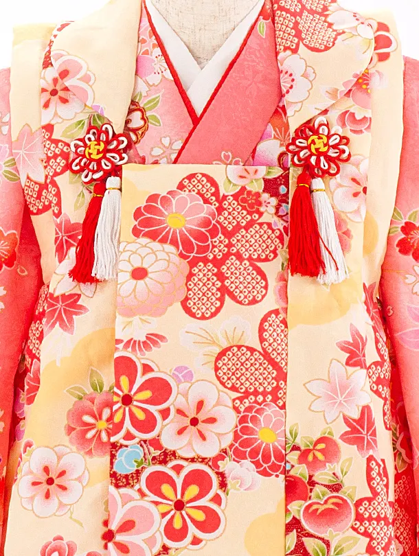 3歳女児被布 D3154 クリームねじり梅×ピンク 四季花