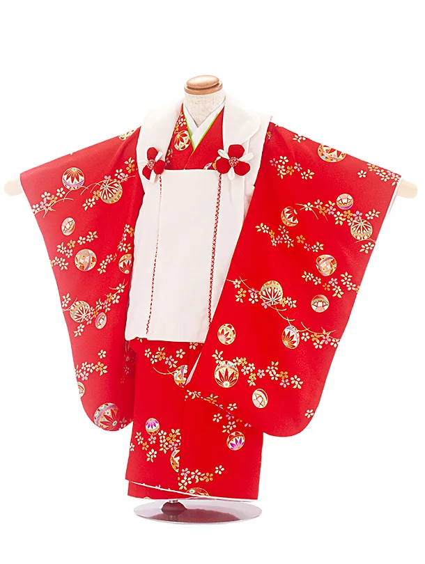 3歳女児被布 D3155 白×赤 花 まり