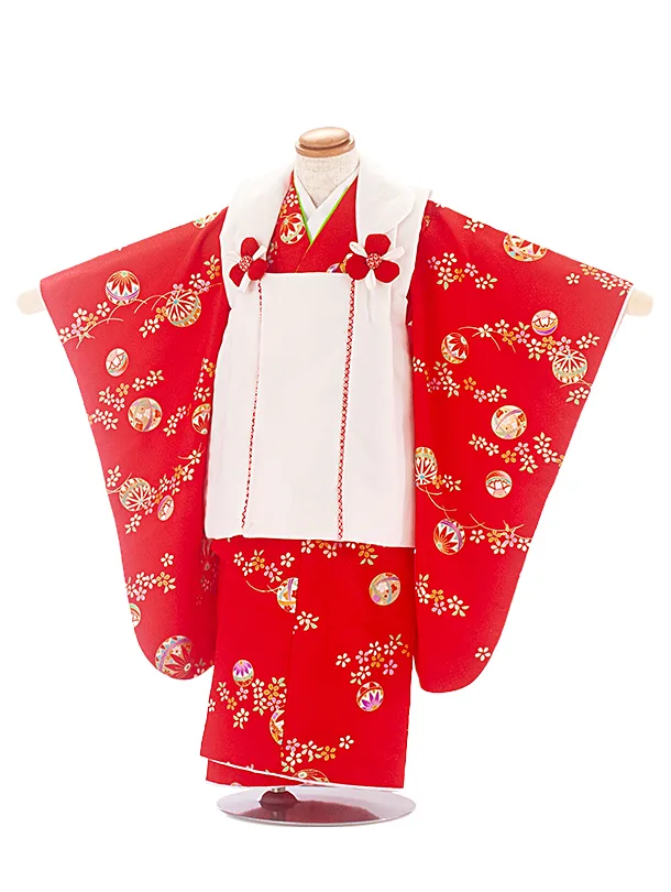 3歳女児被布 D3155 白×赤 花 まり