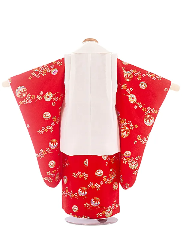 3歳女児被布 D3155 白×赤 花 まり