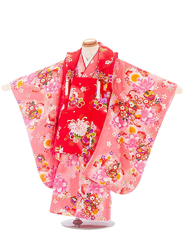3歳女児被布 D3156 赤 鼓×ピンク 鈴 桜